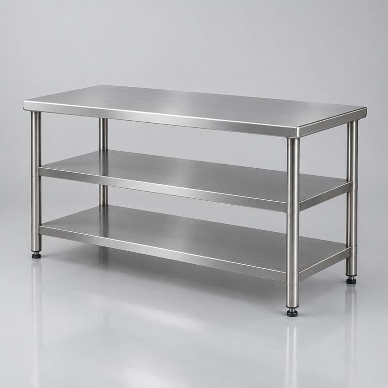 Mesa de trabajo central de acero inoxidable con dos niveles inferiores y patas tubulares con regatones regulables