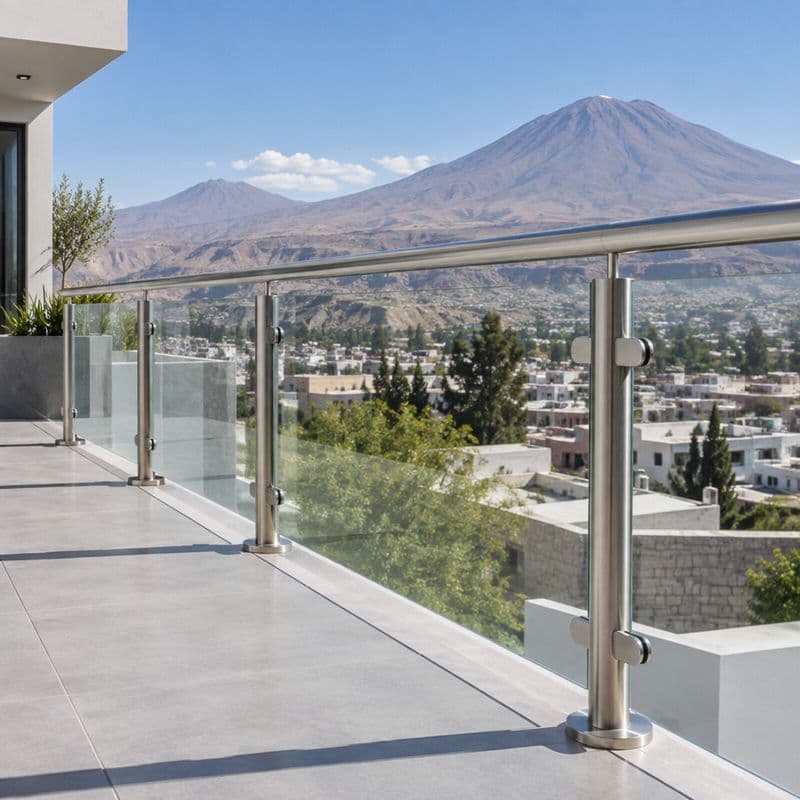 Baranda de vidrio templado con postes de acero inoxidable satinado en una terraza, con el paisaje de Arequipa al fondo