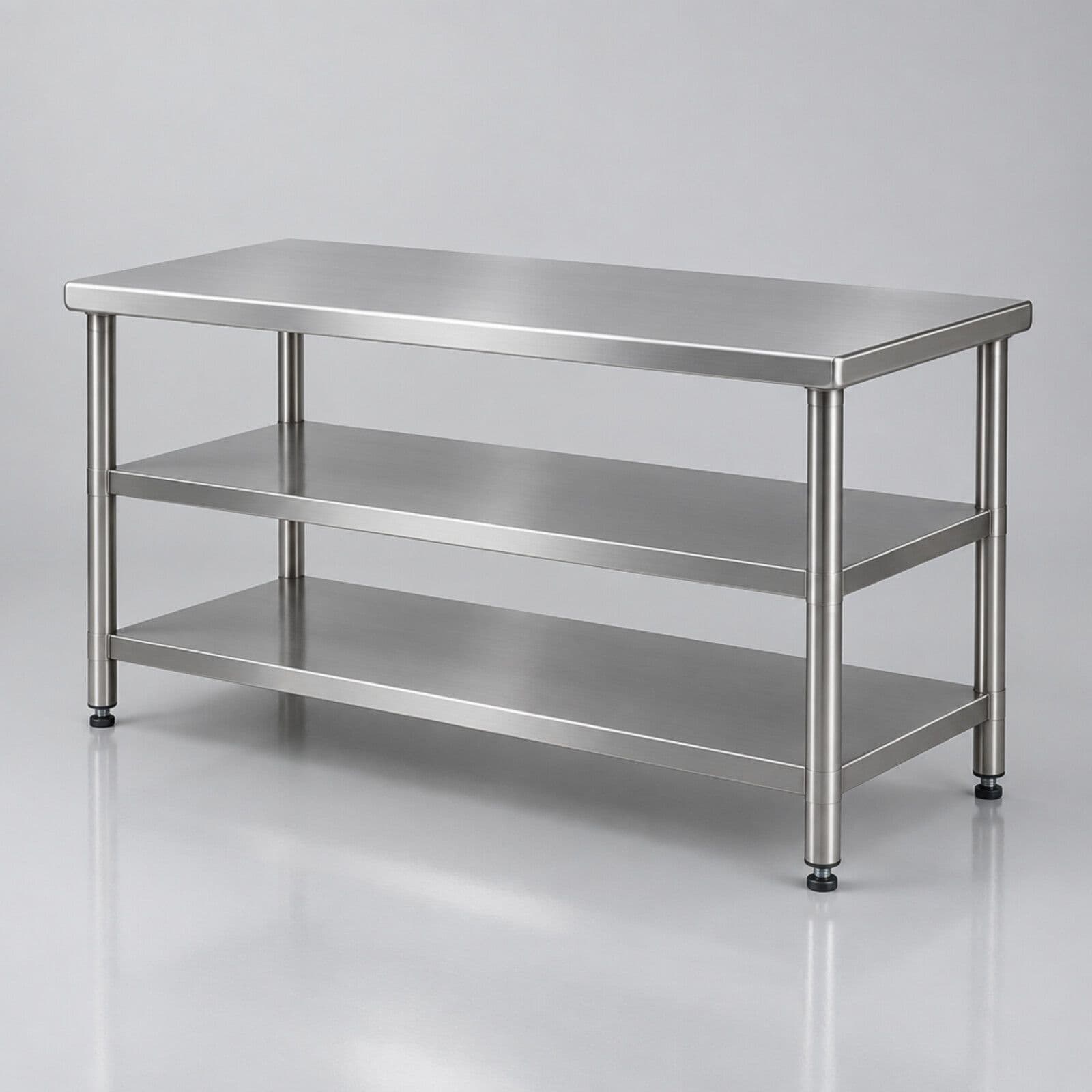 Mesa de trabajo central de acero inoxidable con dos niveles inferiores y patas tubulares con regatones regulables
