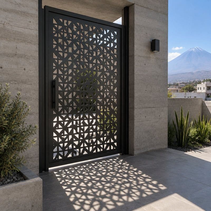 Puerta de acero negro con patrón geométrico cortado a láser, proyectando el calado como sombra sobre el piso